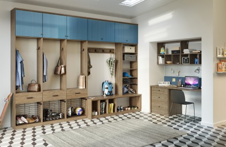 Mudroom cubbie system in a high gloss finish with custom shelving and drawers by California Closets