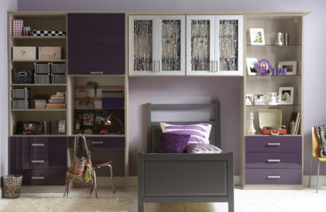 Purple and Light Grey themed Built in Desk and Storage for Children's Room
