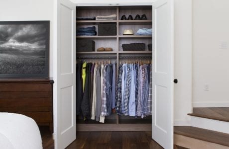 Dark Brown Reach In Closet With Shelves and Closet Rods