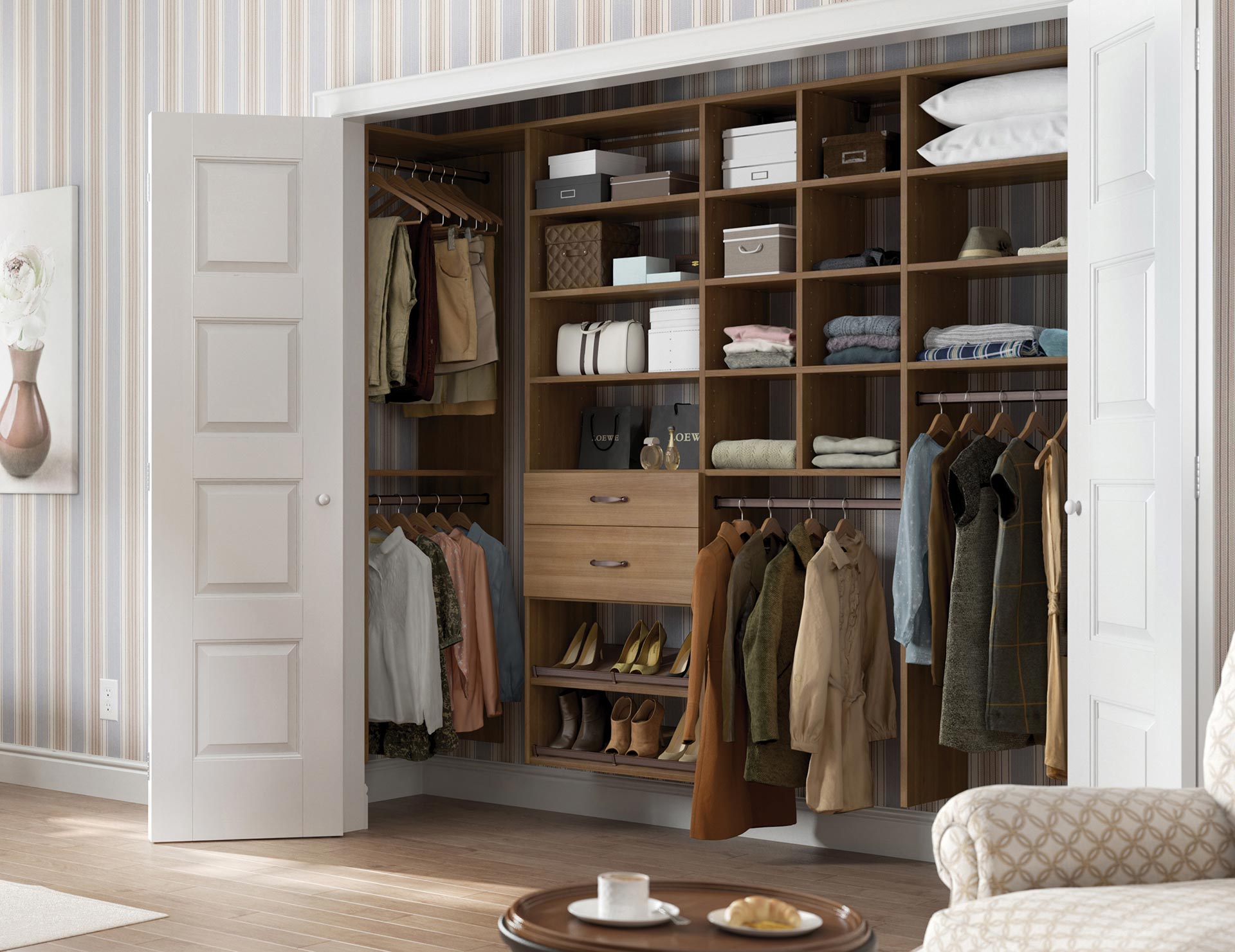 Hanging Closet System With Shelf & Drawers - Wood Closet Designs