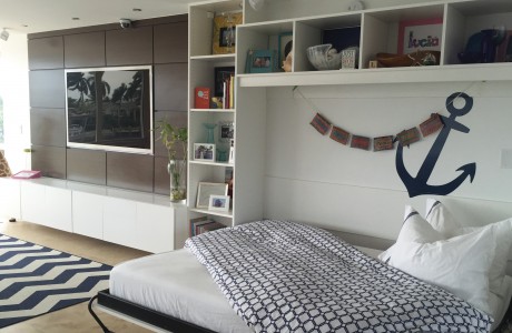 White Entertainment Center WIth Cabinets Shelving Murphy Bed and Brown Accent Panels