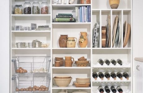 White Themed Pantry Storage With Racks Shelving and Metal Baskets