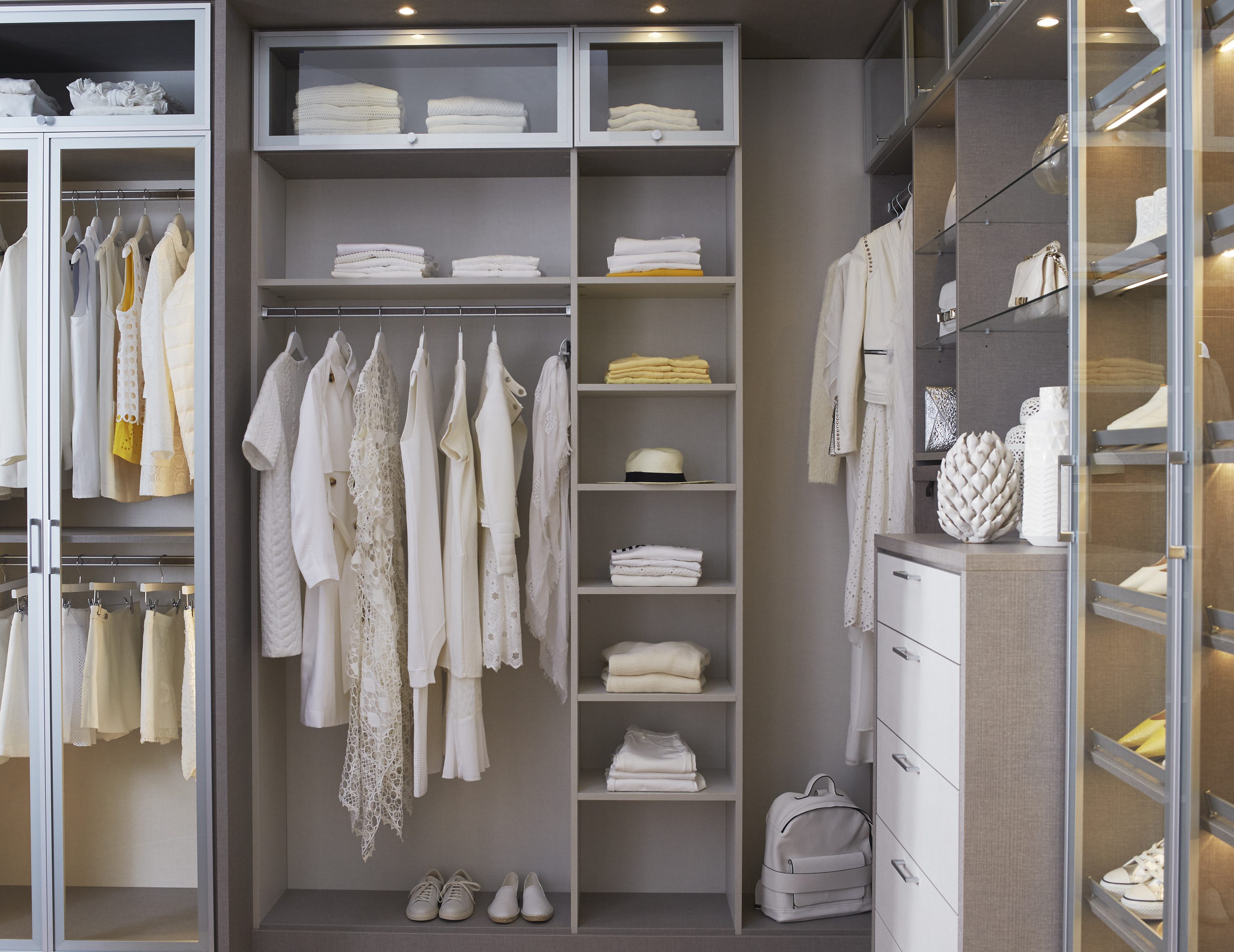 Grey and White Closet With Drawers Closet Rods Glass Fronted Display Cabinets and Built in Lighting