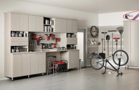 Light Grey Garage Storage With Tool Racks Work Space Cabinets Shelves and Drawers