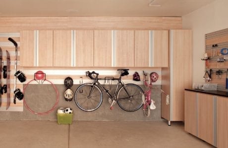 Tan Garage Storage with Hanging Racks Cabinets Tool Rack Cabinets and Work Space