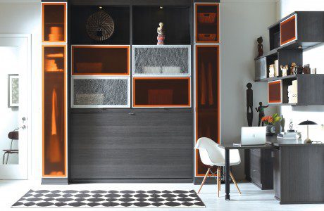 Grey Themed Office Space with Shelving Desk Murphy Bed and Translucent Orange Accent Cabinets