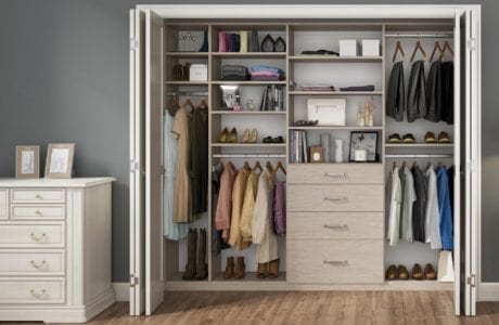 Natural Wood Reach in Closet with Shelves Drawers and Metal Closet Rods