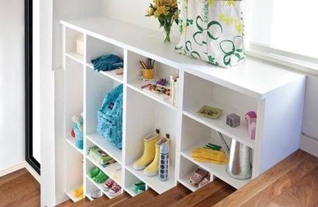 White Tiered Stairway storage with Cubbies and Hanging Hooks