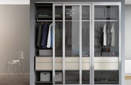 Dark Grey Reach in Closet with Shelving Closet Rods Drawers and Sliding Glass Doors