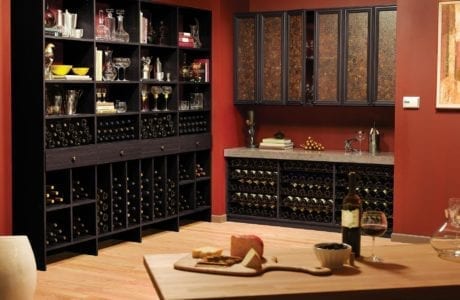 Black Wood Grain Wine Bar with Shelving Wine Racks Marble Countertop and Decorative Inlay Cabinets
