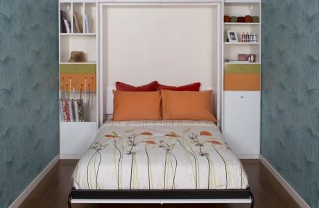 Built in Murphy Bed Nook with White Shelving Cubbies Cabinets and Drawers with Craft Ribbon Pull Through Holes