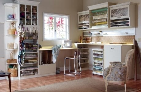 Beige and Yellow Craft Room with Shelving Cubbies Decrotive Inlay Cabinets Tool and Paper Racks and Work Spaces