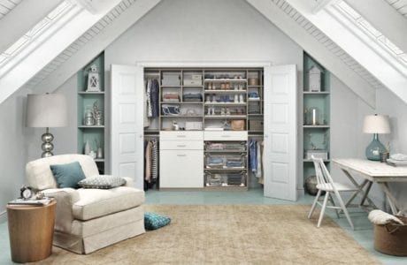 White and Turquoise Themed Attic Reach in Closet With Shelves Drawers Closet Rods and Built in Baskets