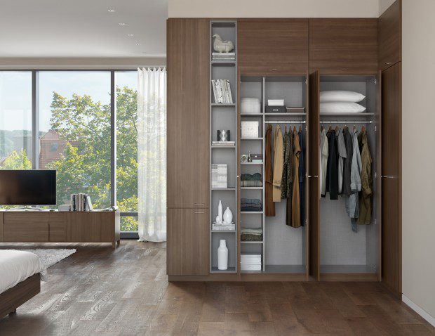 Dark Brown Wood Grain Built in Wardrobe With Open Closet Doors Cabinets Drawers and Display Shelves