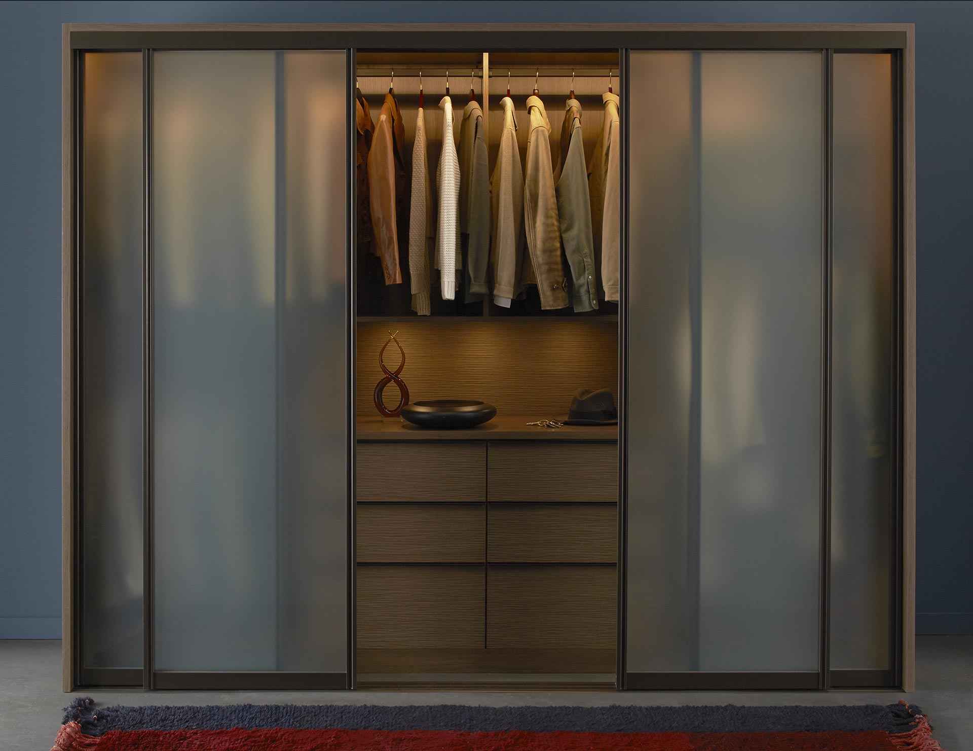 Dark Brown Stand Alone Wardrobe With Drawers Closet Rods and Frosted Glass Doors