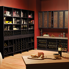 Black Wine Bar with Shelving Cubbies Wine Racks Marble Counter Top and Cabinets with Brown Decorative Inlay Doors