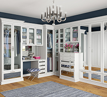 White Walk in Closet with Built in Mirror Fronted Wardrobe Cabinets and Dressers