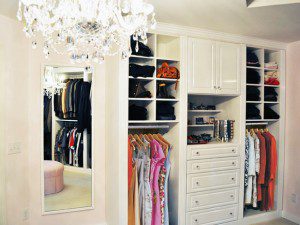 White Walk in Closet with Shelving Drawers Cabinets Closet Rods and Body Length Mirror