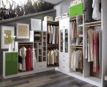 White Walk In Closet with Lime Green Accent Cabinets