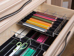 Close Up of Light Wood Drawers with Clear Office Supply Organizers