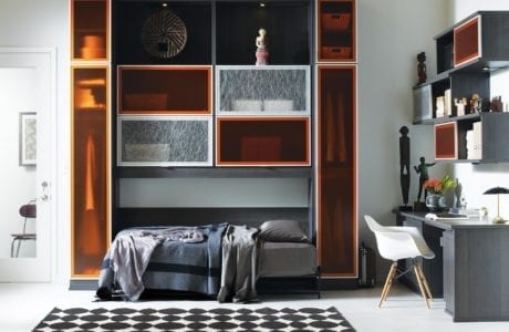 Dark Grey Office With Murphy Bed Built in Desk and Cabinets with Etched glass and Translucent Orange Doors﻿
