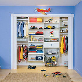 Children's Reach in Closet with White Shelving Metal Closet Rods and Slide Out Metal Baskets