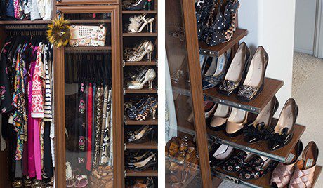 California Closets Client Stories Gallery Dark Brown Boutique Walk in Closet Close up Slide Out Shoe Racks