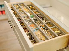 Close Up of Light wood Dresser Drawer with Jewelry Organizers
