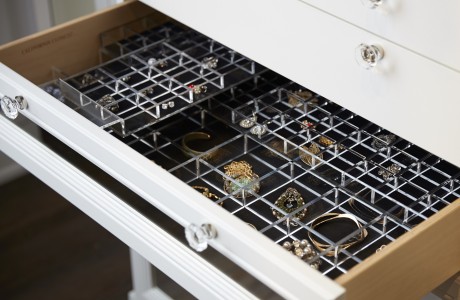 Close Up of White Dresser Drawer with Clear Handles Glass Accents and Jewelry Organizers