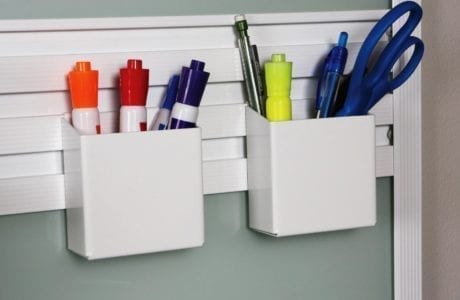 Crafting room organizers slat wall rack system with hooks to hold craft supplies