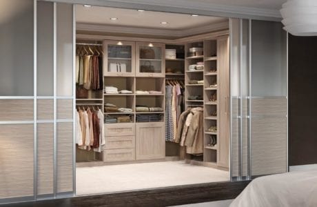Light Wood Walk in Closet with Shelving Display and Closet Cabinets Closet Rods Built in Lighitng and Frosted Glass and Metal Sliding Doors