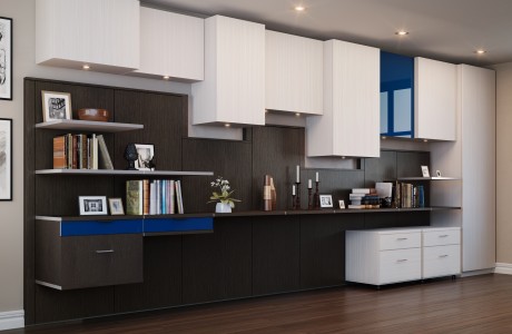 Brown and Grey Themed Office Storage With Blue Accents Includes Cabinets Drawers and Shelving