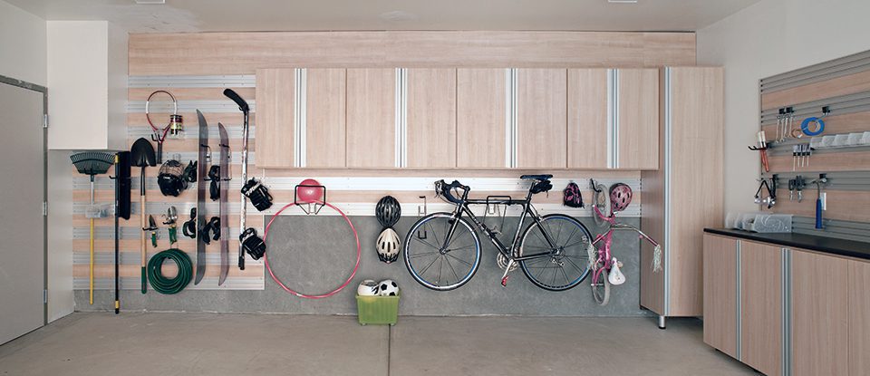 Light Wood Garage with Cabinets Tool Rack Work Space and Hanging Rack Storage