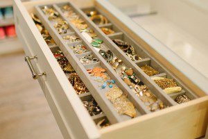 Close Up Image of Light Wood Dresser Drawer with Wooden Jewelry Organizer