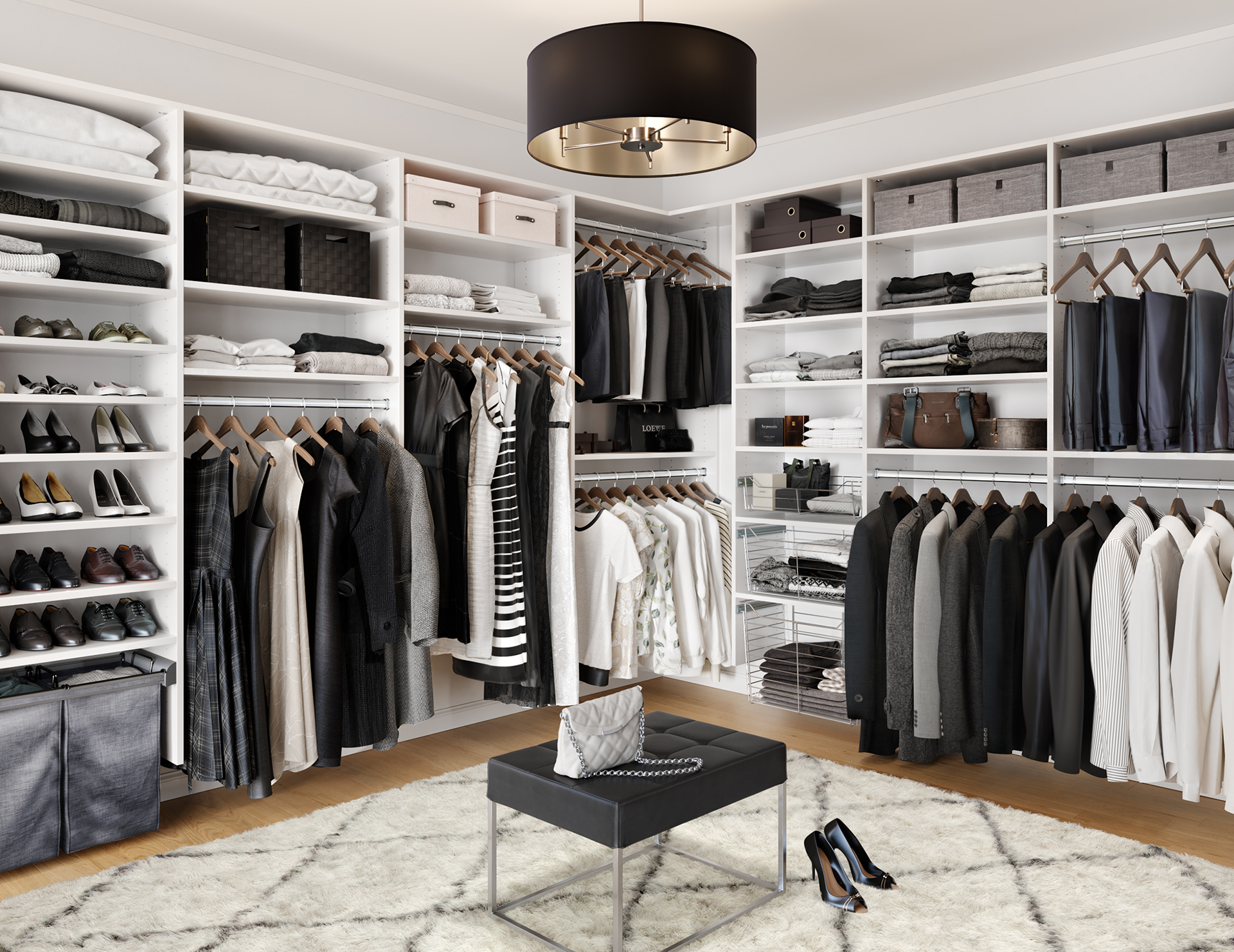 Large white walk-in closet features floor-to-ceiling custom shoe