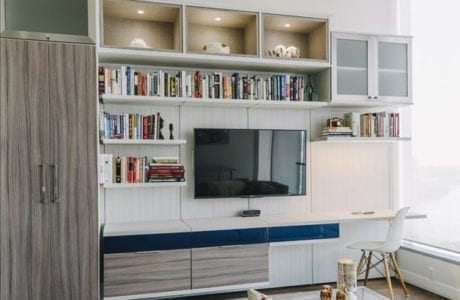 White Entertainment Console with Lighted Display Shelving Cabinets With Frosted Glass Doors Grey Wood Grain and High Gloss Blue Accents