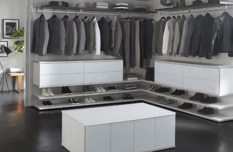 Custom Closet with Light Grey and White Color Pallet - Walk in Closet With Shelving, Closet Rods, Drawers,