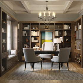Dark Brown Office Design with Light Grey Accents includes Bay Window seating Shelves Cabinets and Desk