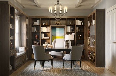 Modern home office designed with dark wood grain finish and grey accents, open shelving and custom cabinets by California Closets