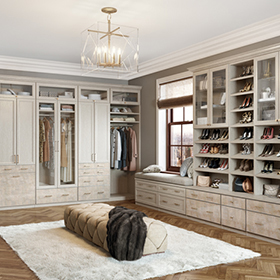 Light Grey Walk in Closet with Shelving Drawers Shoe Racks and Display Cabinets