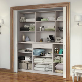 Off White Reach in Linen Closets with Shelves and A Single Drawer