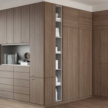California Closets Built in Wardrobe in Roman Walnut finish with linen storage