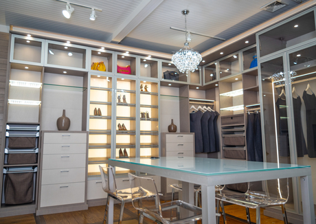 Southampton design studio interior with glass table and grey shelving