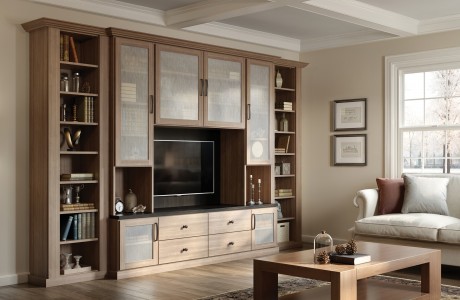 Light Brown Wood Grain Entertainment Center Shelving Drawers and Cabinets with Frosted Glass Doors