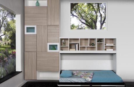 Grey Living Space Storage with Cubbies Light Brown Cabinets White Display Shelves and a Murphy Bed