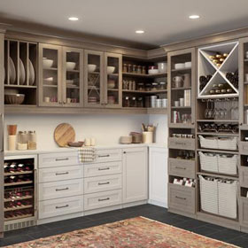 Wood Grain Grey Pantry Storage with Shelves Drawers Built in Baskets Wine Rack and Fridge Glass Fronted Cabinets and White Work Space
