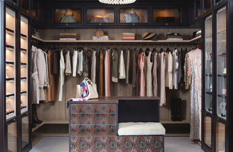 LIght Brown Walk in Closet with Dark Brown Fronting Closet Rods Shelves and Lighted Display Cabinets