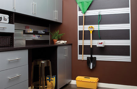 Light Grey Garage Storage With Cabinets Drawers Tools and Hanging Racks