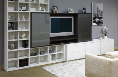 Black and White Wood Grain Entertainment Center with Cabinets Cubbies and Glass Doors