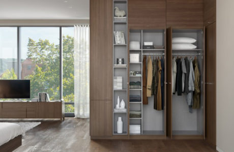 Dark Brown Wood Grain Built in Wardrobe With Open Closet Doors Cabinets Drawers and Display Shelves